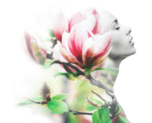 Clareamento íntimo. Uma imagem com uma flor e uma mulher, representando liberdade e autocuidado